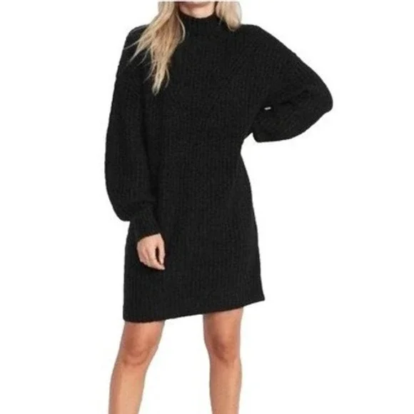 A loves A Sweater Mini Dress Balloon Sleeve Mock Neck Black Knit Womens Medium - Picture 1 of 5